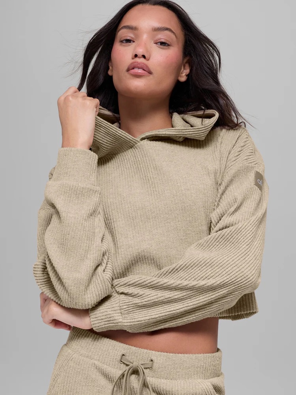 Cozy Cropped Hooded Sweater in gravel Heather